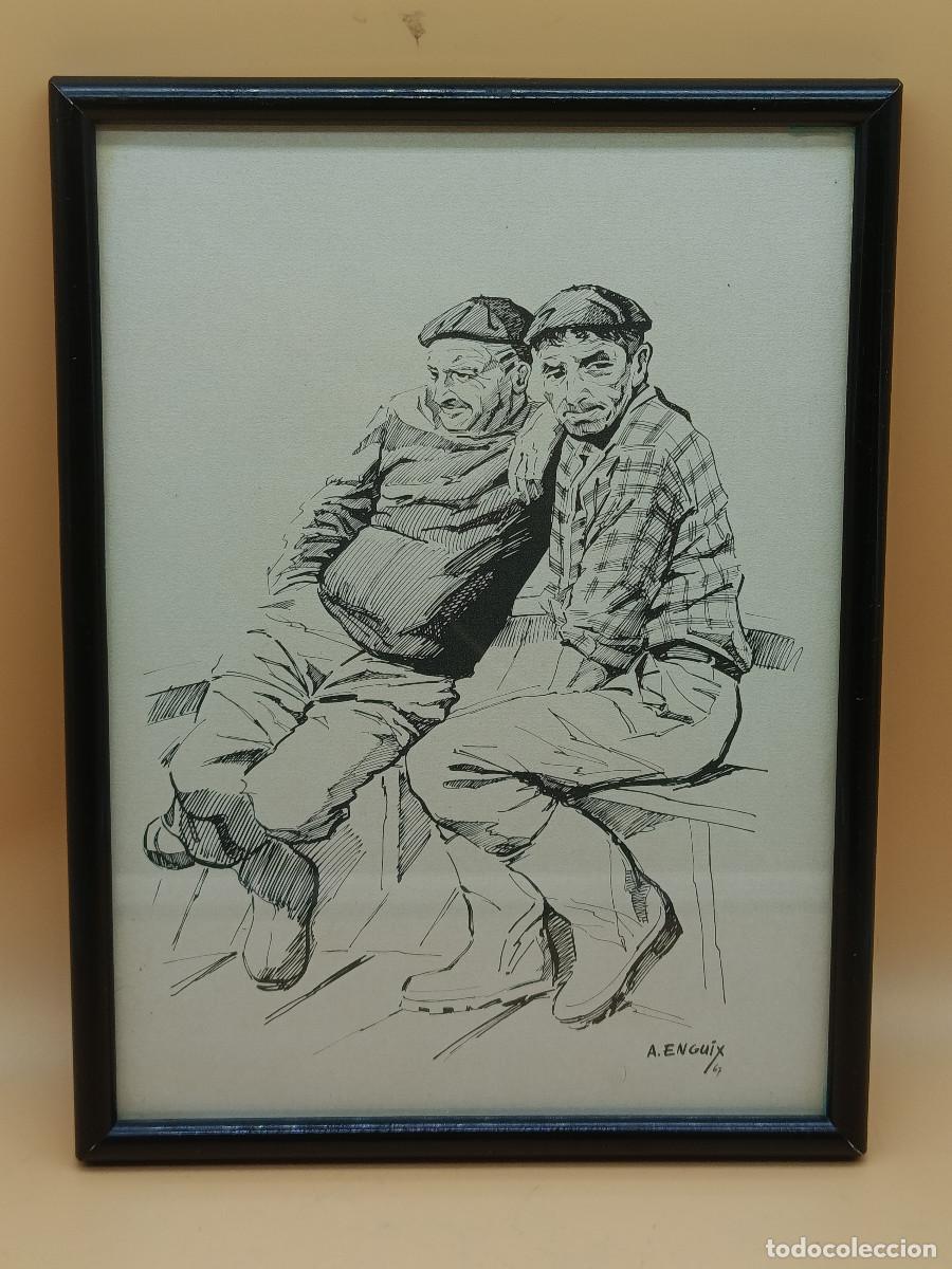 Arte: ALFREDO ENGUIX. TINTA 1967. MARINEROS. 16CM X 25CM APROX. ENMARCADO.