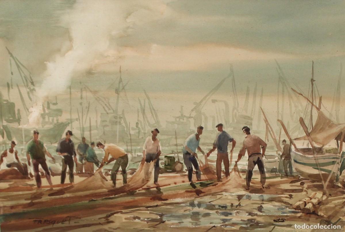 Art: GUILLEM FRESQUET BARDINA (Barcelona, 1914 - Tarragona, 1991) ACUARELA EN PAPEL. ESCENA DE PESCADORES