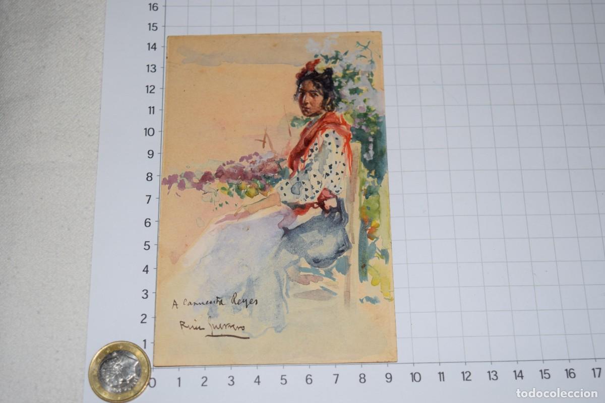 Kunst: Manuel RUIZ GUERRERO, Sobre principios 1900 - &rdquo;A Carmencita Reyes&rdquo;, acuarela original, en una postal