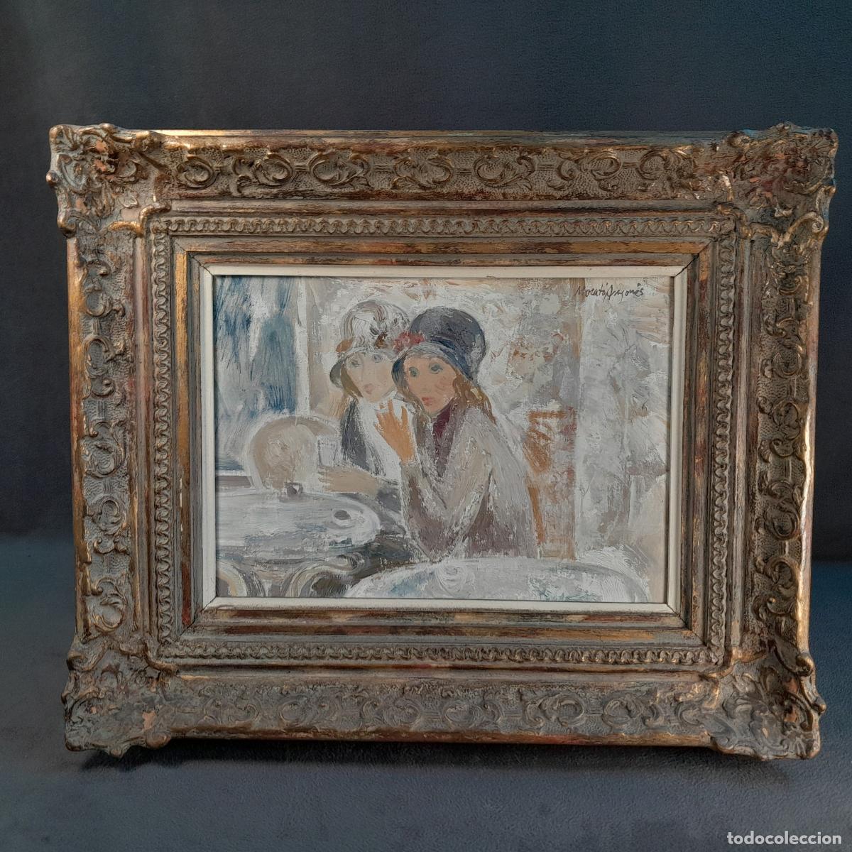 Kunst: C-2046. J. MORAT&Oacute; ARAGON&Eacute;S (1923-2006). &Oacute;LEO SOBRE LIENZO. DOS CHICAS EN EL CAF&Eacute;. 1980.