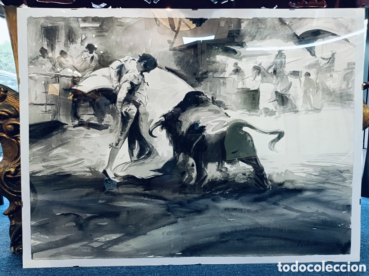 Arte: ACUARELA TAURINA. CORRIDA DE TOROS . FIRMADA H.SOLANO . 76&times;56 cm