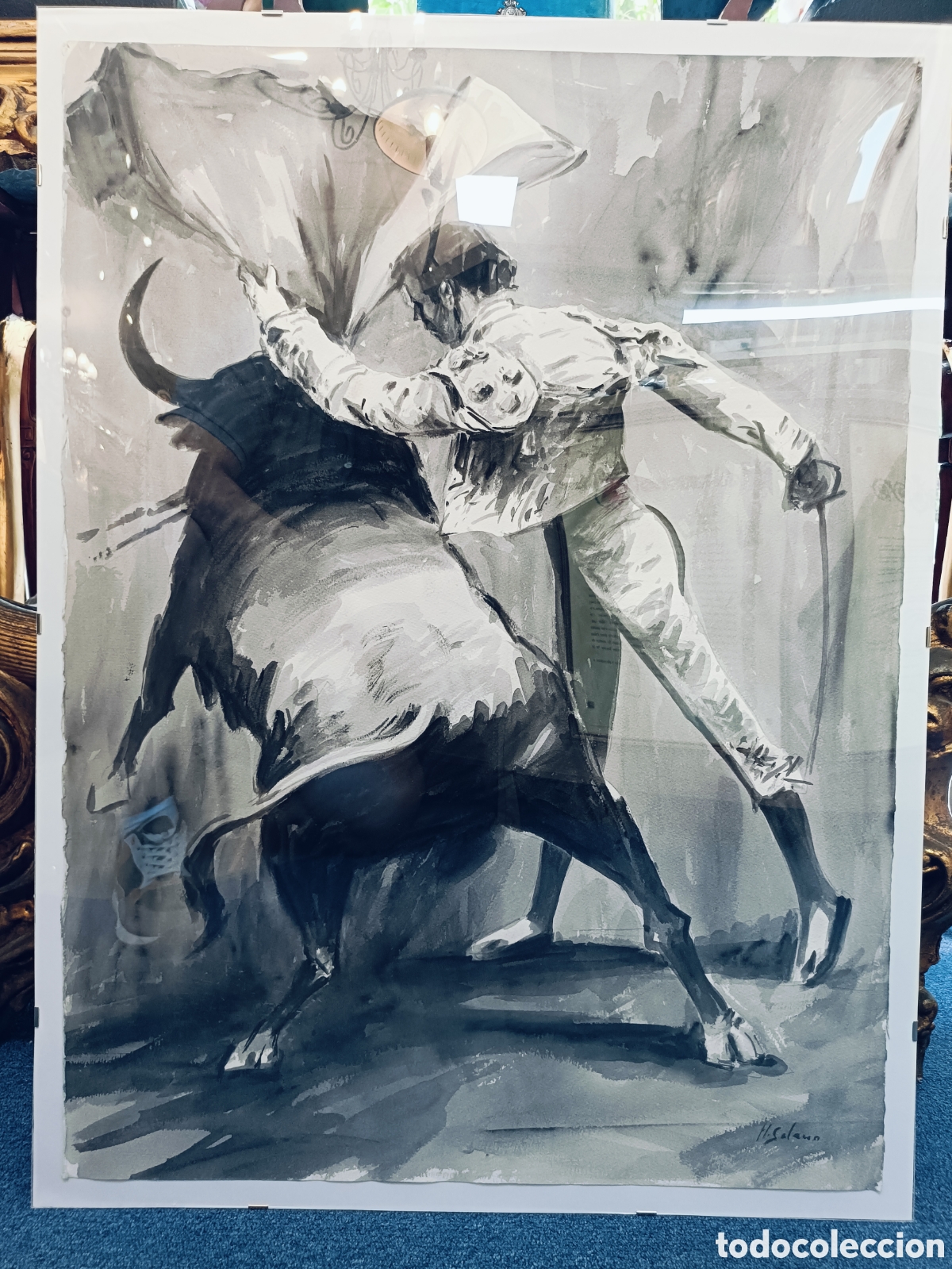 Arte: ACUARELA TAURINA. CORRIDA DE TOROS . FIRMADA H.SOLANO . 76&times;56 cm