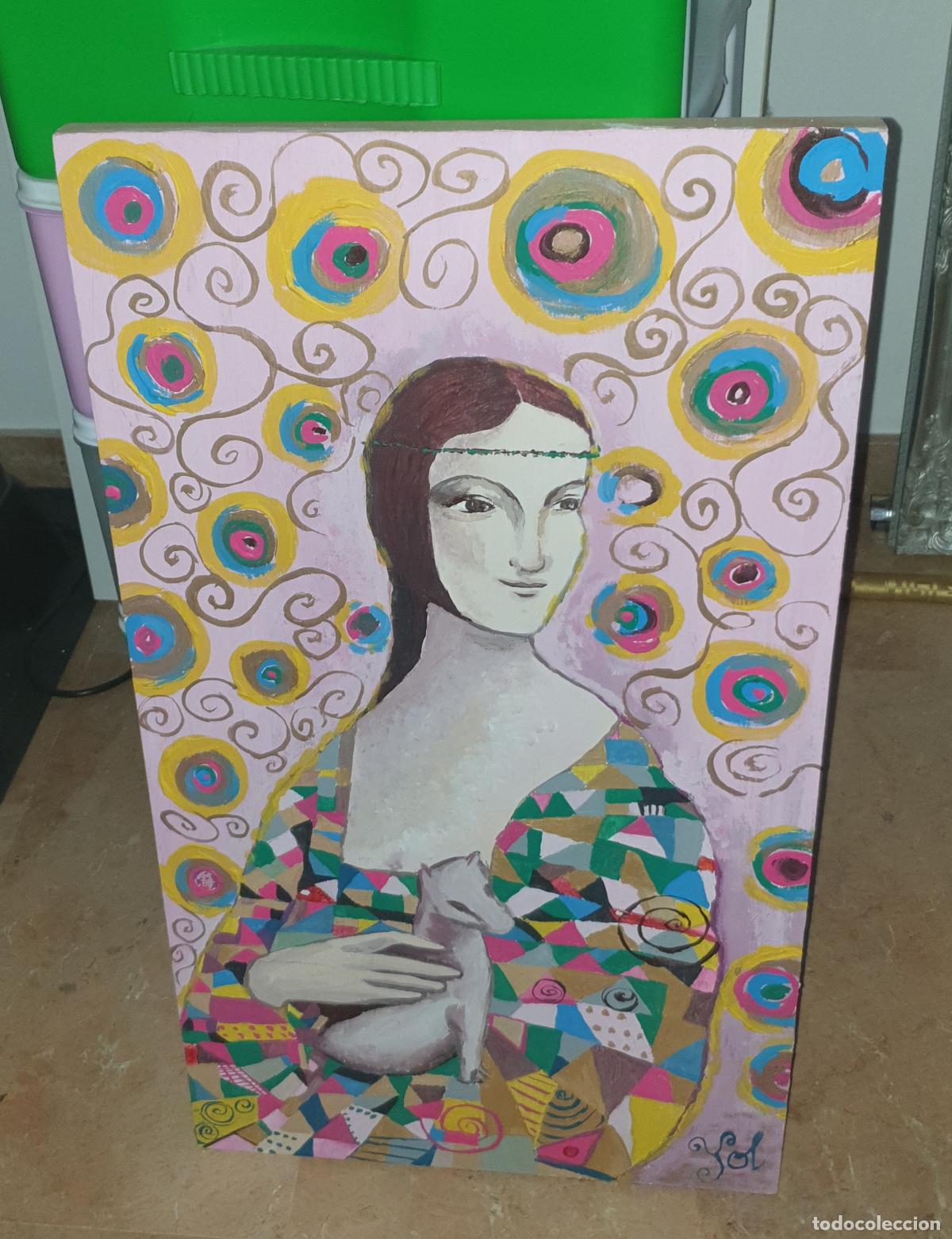 Arte: BONITA Y ORIGINAL PINTURA ACUARELA SOBRE MADERA. AUTOR AFICIONADO. la Dama de Da Vinci: