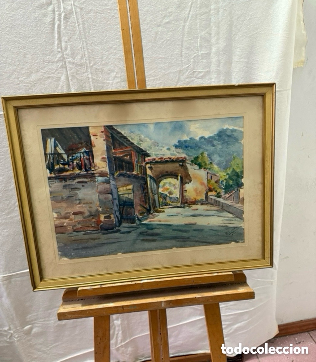 Arte: Pere Gorro Costa acuarela pintada a mano firmada escena urbana con arco escuela catalana