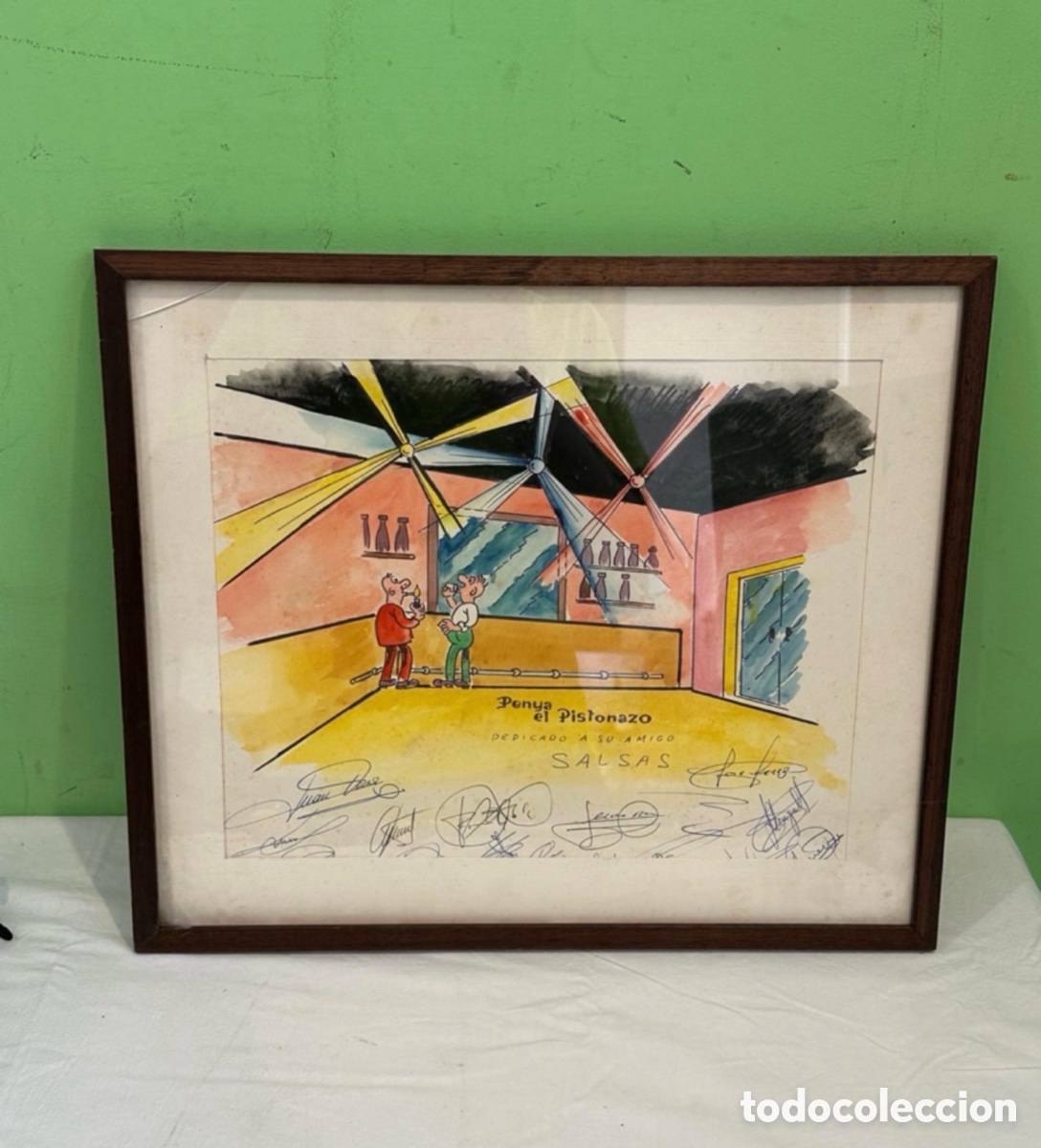 Arte: Acuarela original caricatura humor&iacute;stica espa&ntilde;ola Pe&ntilde;a El Pistonazo a&ntilde;os 70-80 firmada.