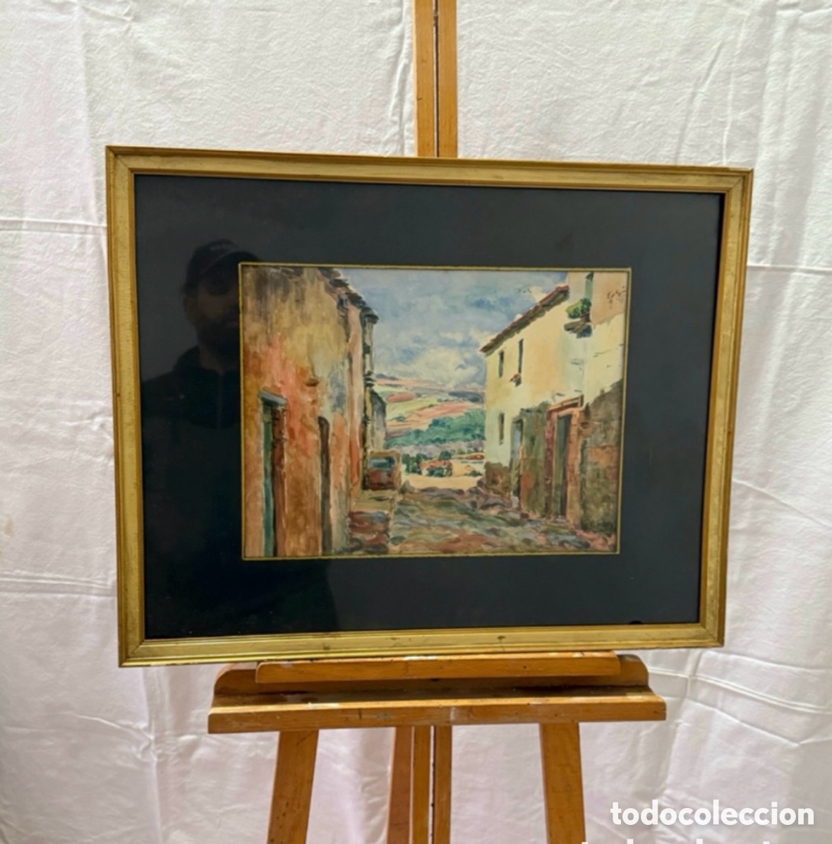 Arte: Pere Gorro Costa acuarela pintada a mano firmada calle de pueblo con paisaje escuela catalana.