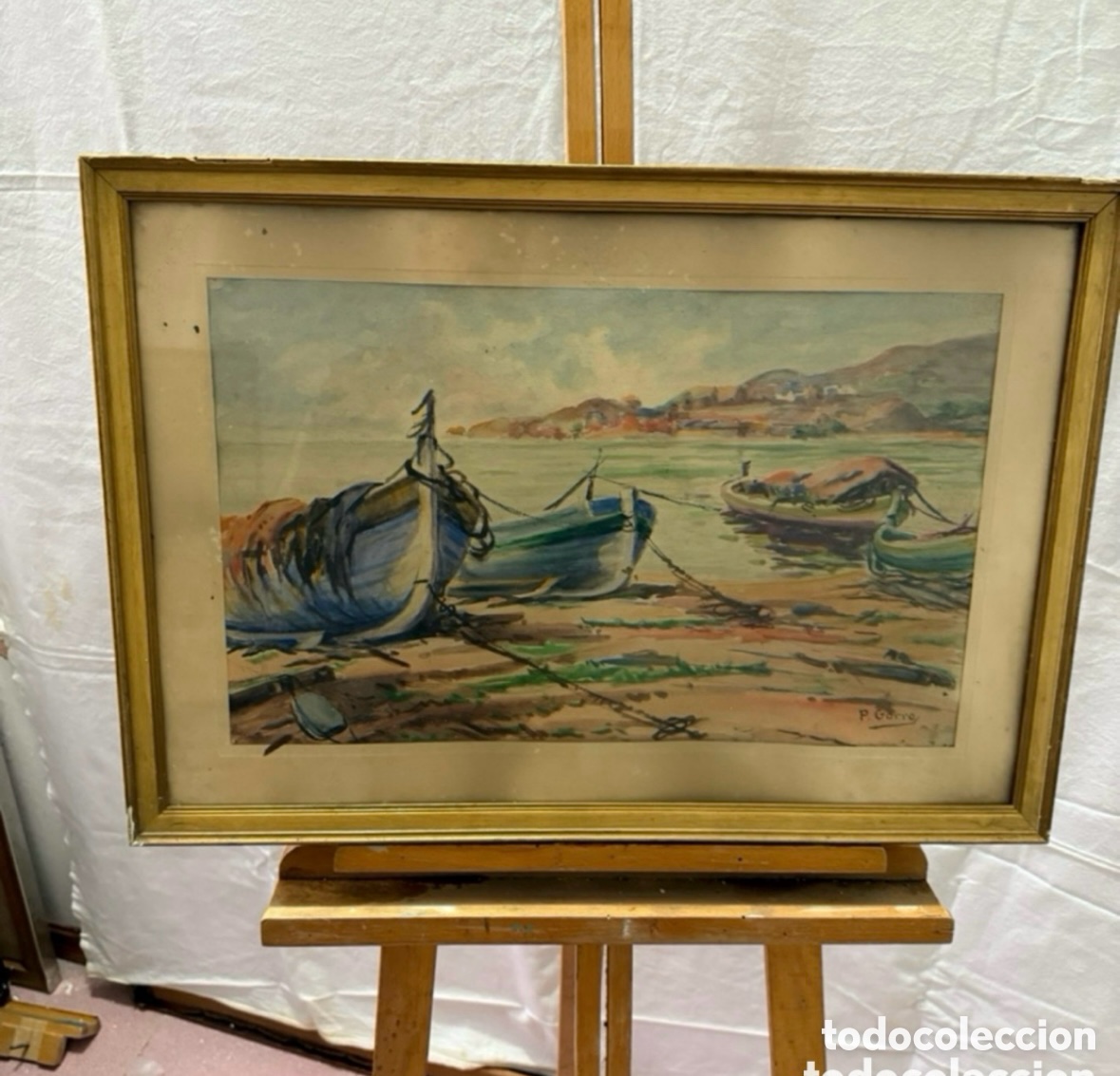 Arte: Pere Gorro Costa acuarela pintada a mano firmada barcas varadas en la playa escuela catalana/