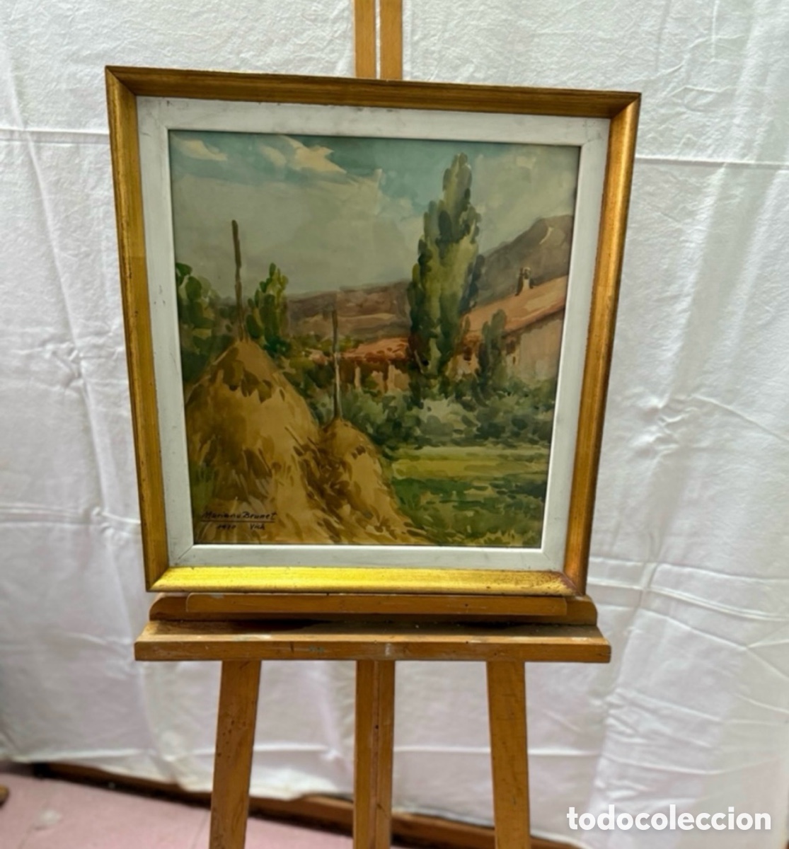 Art: Mariano Brunet acuarela firmada paisaje urbano Vic Barcelona.