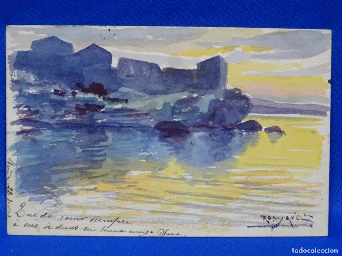 Art: ACUARELA EN POSTAL ANTONI ROS I G&Uuml;ELL 1903. CIRCULADA A LA ESCALA.