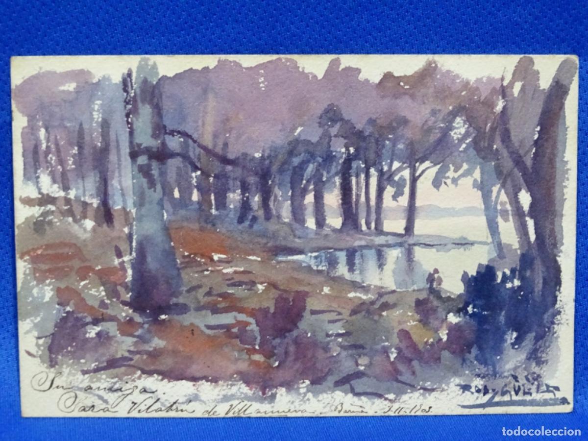 Art: ACUARELA EN POSTAL ANTONI ROS I G&Uuml;ELL 1903. CIRCULADA A LA ESCALA.