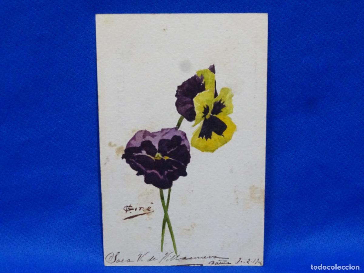 Kunst: ACUARELA SOBRE POSTAL FIRMADA V. GINE. FLORES. CIRCULADA BARCELONA.