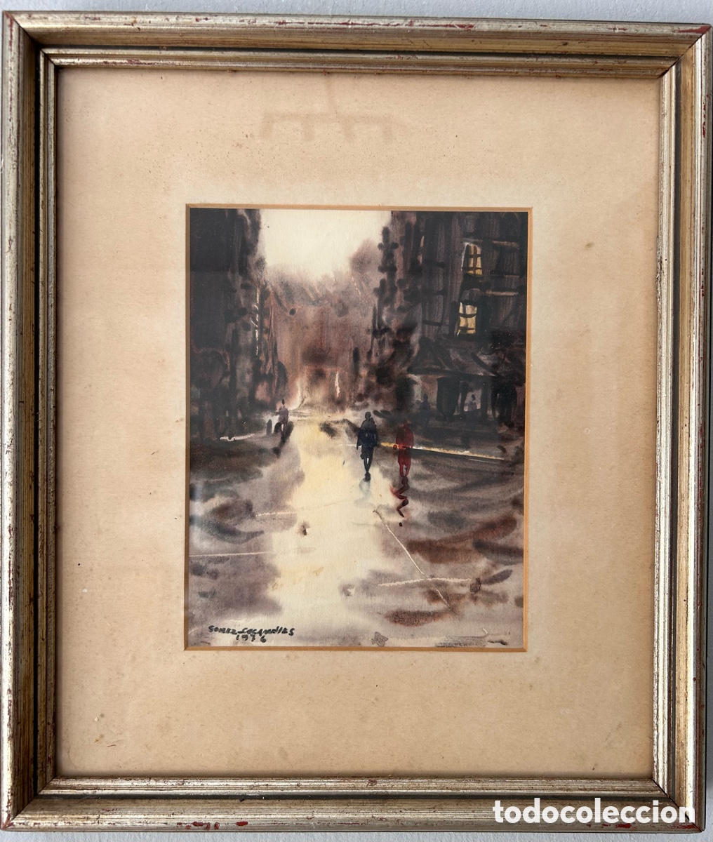 Arte: Escena urbana bajo la lluvia. Acuarela sobre papel firmada y fechada (1976).