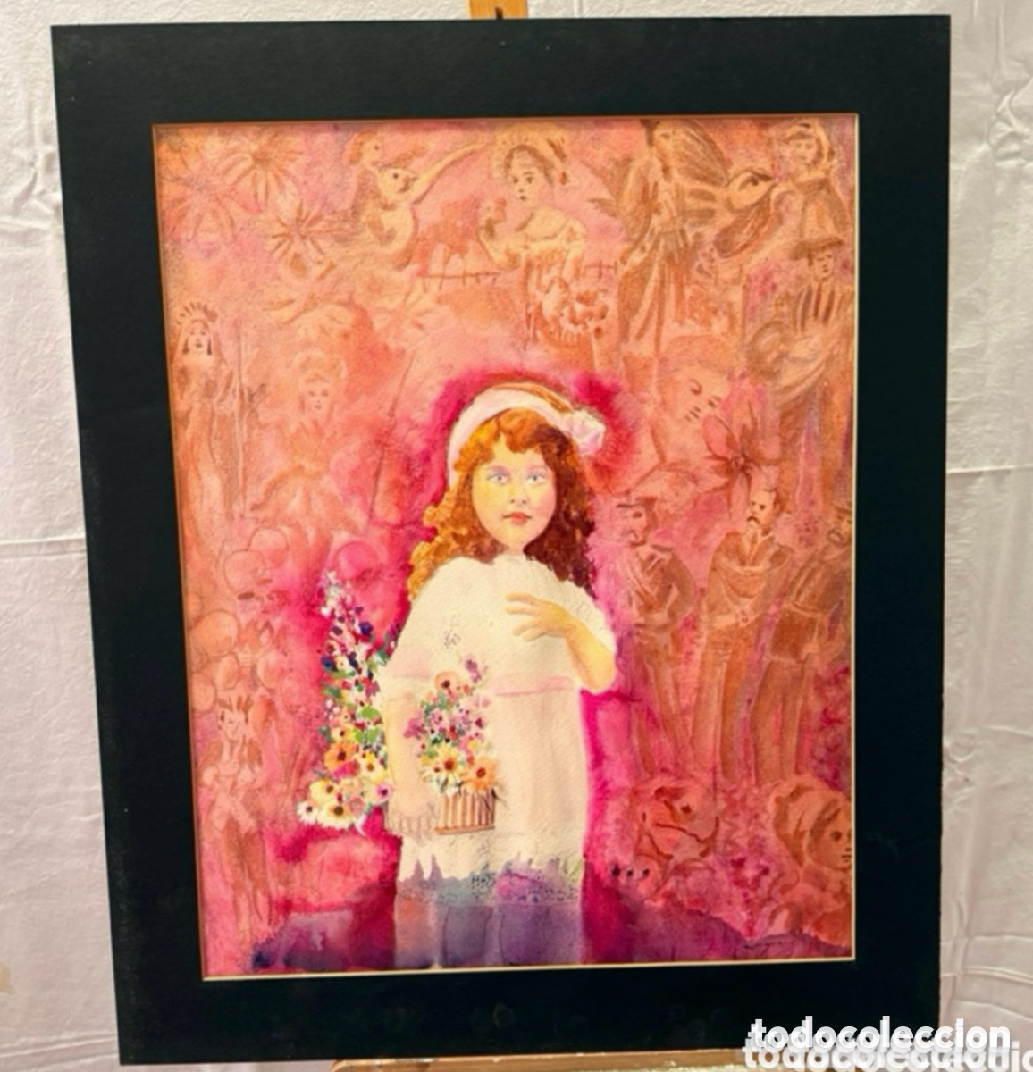 Art: Joan Copons 1942 acuarela surrealista figura femenina ni&ntilde;a flores firmada. (64&times;50)