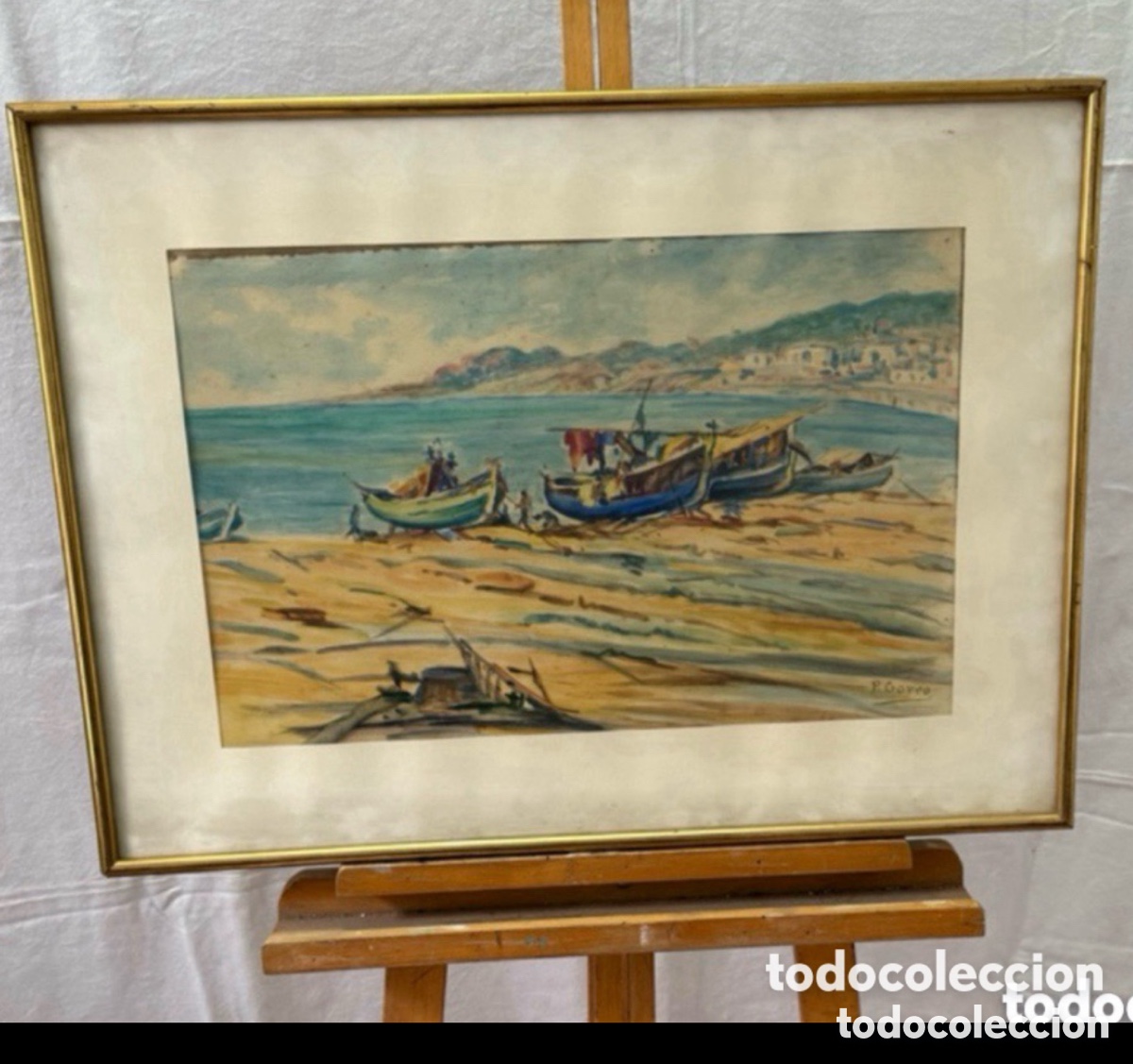 Arte: Pere Gorro Costa acuarela pintada a mano firmada paisaje marino con barcas escuela catalana