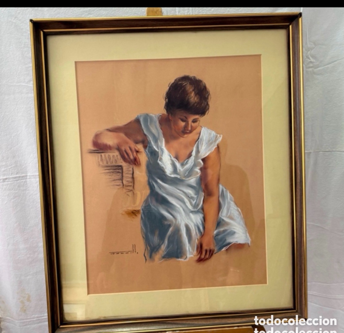 Art: Retrato femenino. Obra firmada. T&eacute;cnica mixta sobre papel original