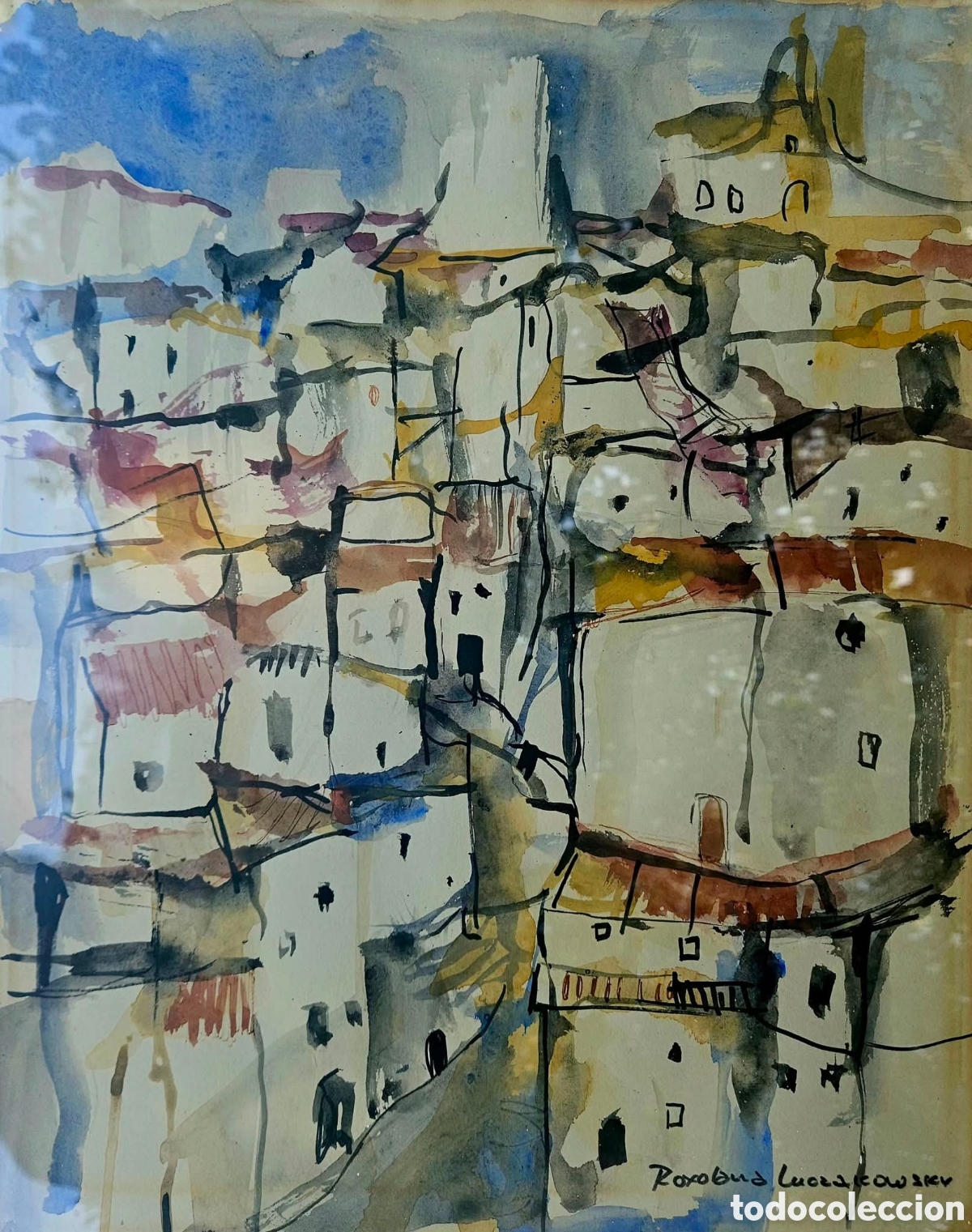 Arte: Rosolana Luczakowsky (Ucrania 1938-USA 2022) preciosa acuarela, vista de Torremolinos, firmada.