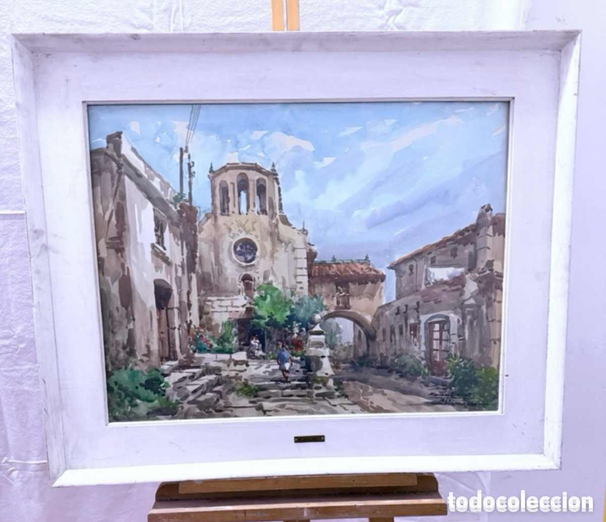 Arte: Acuarela firmada Mariano Brunet 1972 vista urbana Tarragona Santa Eulalia.