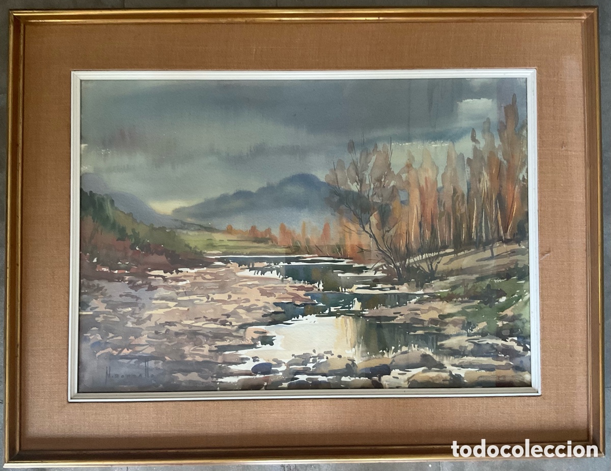 Arte: Manuel Bordallo Sol&eacute; (1920-1996) &ndash; Gran acuarela original de paisaje fluvial
