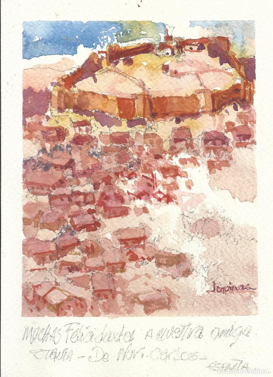 Arte: Carlos Enrique Lencinas G&oacute;mez. Acuarela sobre papel. &rdquo;Pueblo y zona enmurallada&rdquo;. Firmada a mano.
