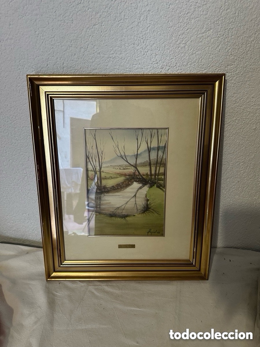 Art: Paisaje rural firmado Pujol acuarela sobre papel enmarcada
