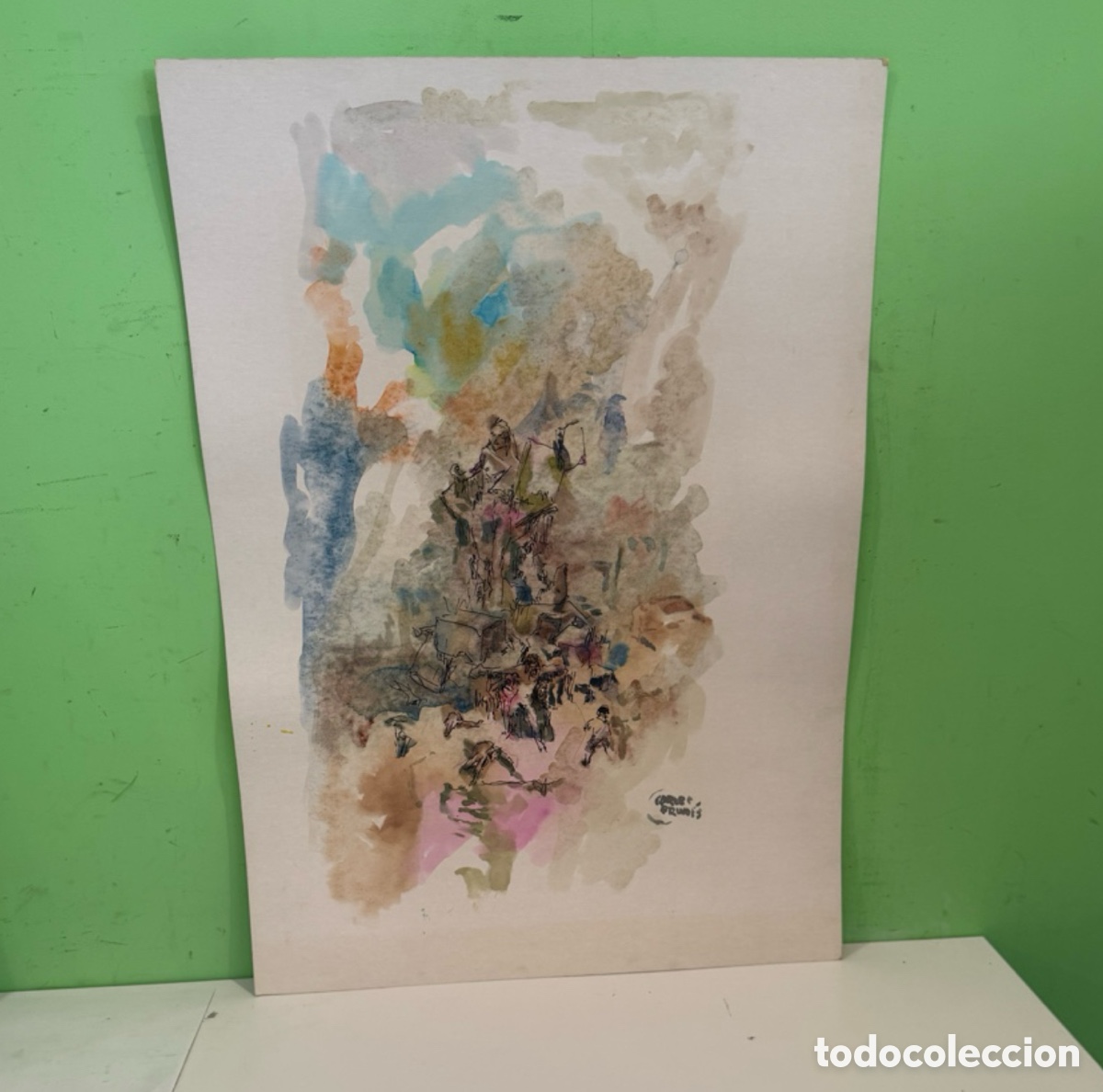 Arte: Carles Prun&eacute;s (1937-2017) Acuarela original &ndash; Composici&oacute;n figurativa firmada (70 x 50 cm)