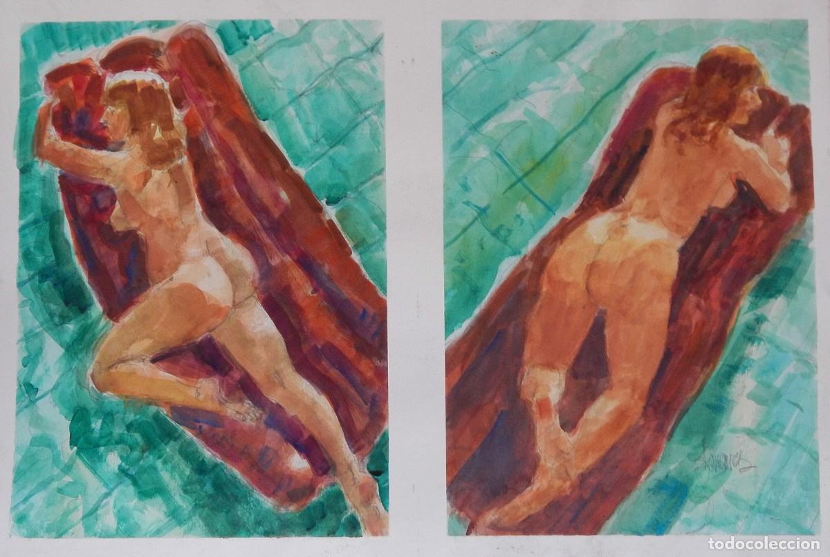 Arte: Carlos Enrique Lencinas G&oacute;mez. Acuarela sobre papel. &rdquo;Dos desnudos femeninos&rdquo;. Firmado a mano.