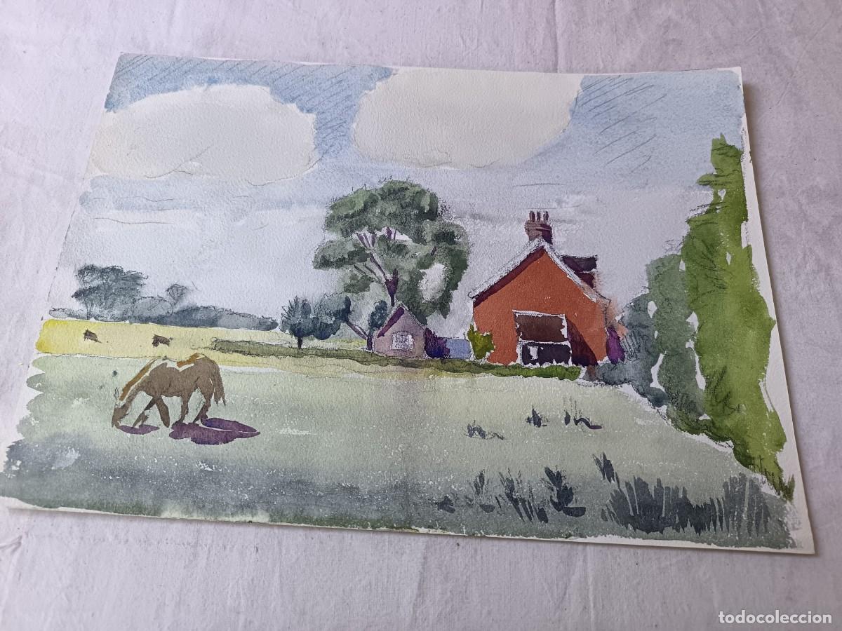 Kunst: Obra Original, acuarela, escena rural con caballo