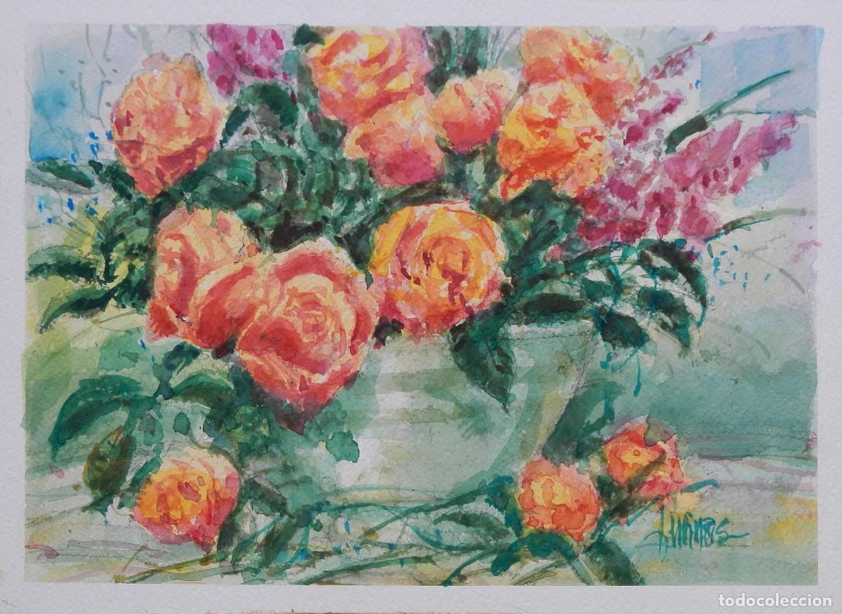 Arte: Carlos Enrique Lencinas G&oacute;mez. Acuarela sobre papel. &rdquo;Jarr&oacute;n con rosas&rdquo;. Firmada a mano.