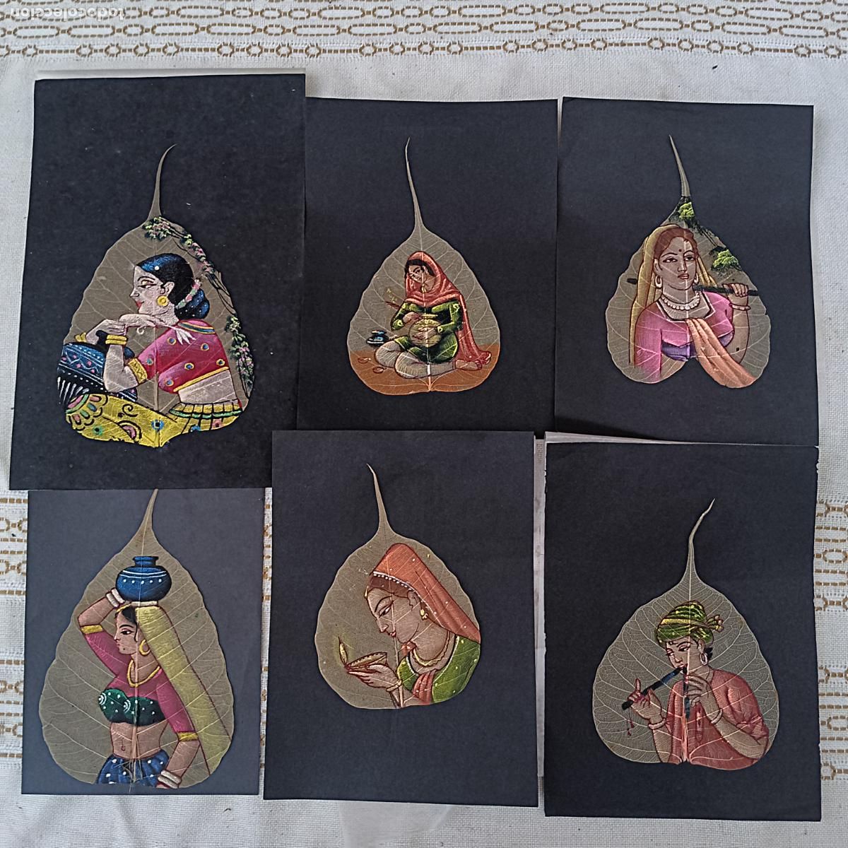 Art: LOTE DE 6 DIBUJOS DIFERENTES A COLOR INDIOS SOBRE HOJA DE ARBOL.