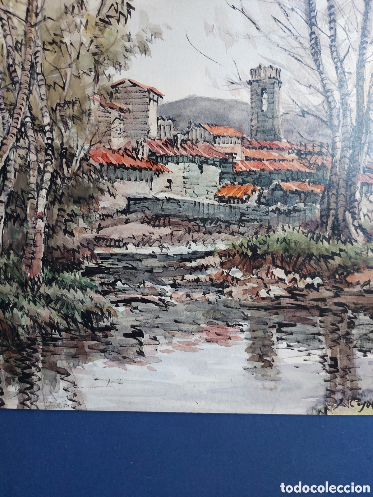 Arte: JOSEP PAGESPETIT &rdquo;VISTA PANORAMICA DE RUPIT&rdquo; ACUARELA