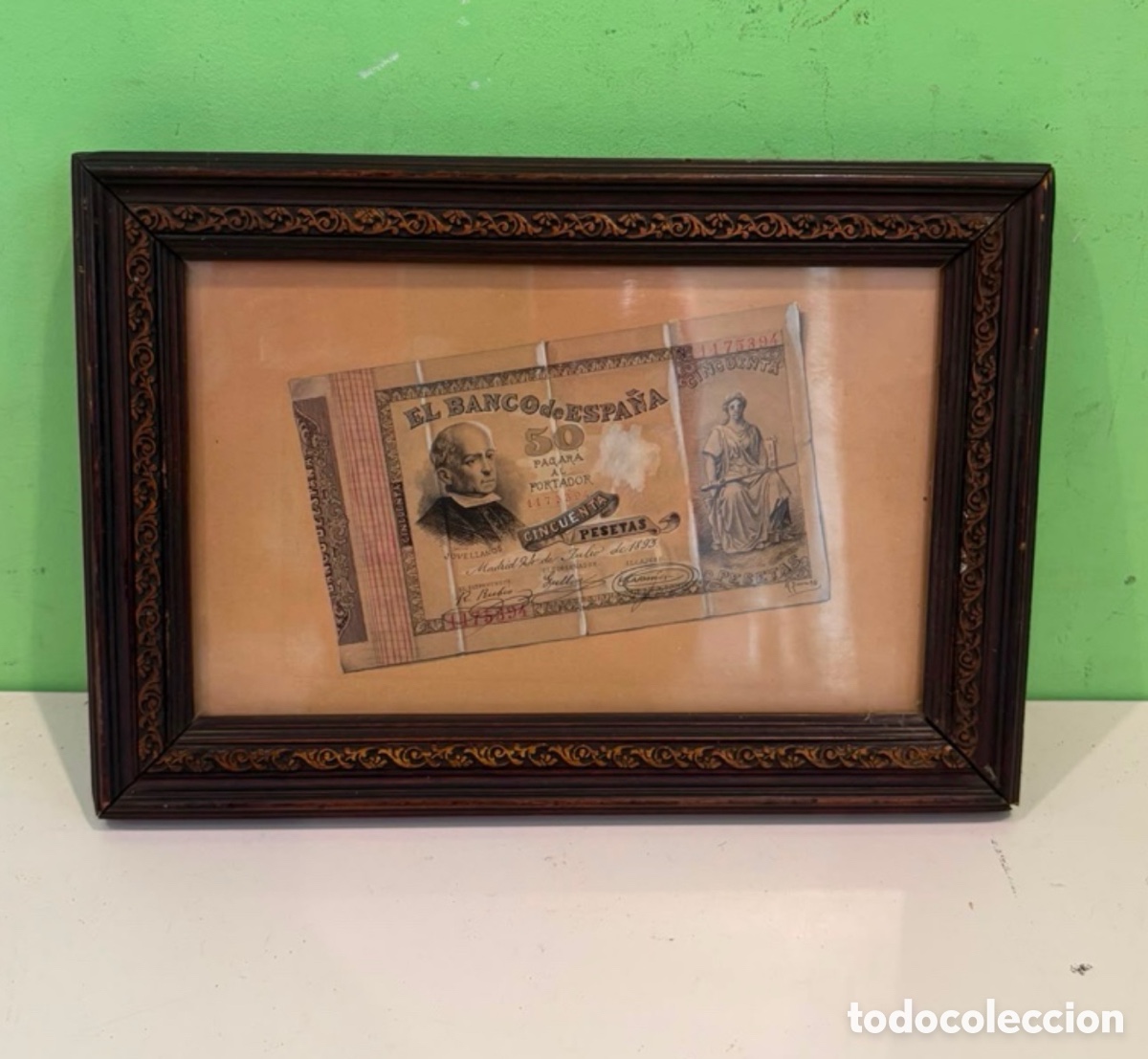 Arte: Acuarela original &ndash; Billete de 50 Pesetas Jovellanos 1893 &ndash; Bajo cristal (21 &times; 29 cm)