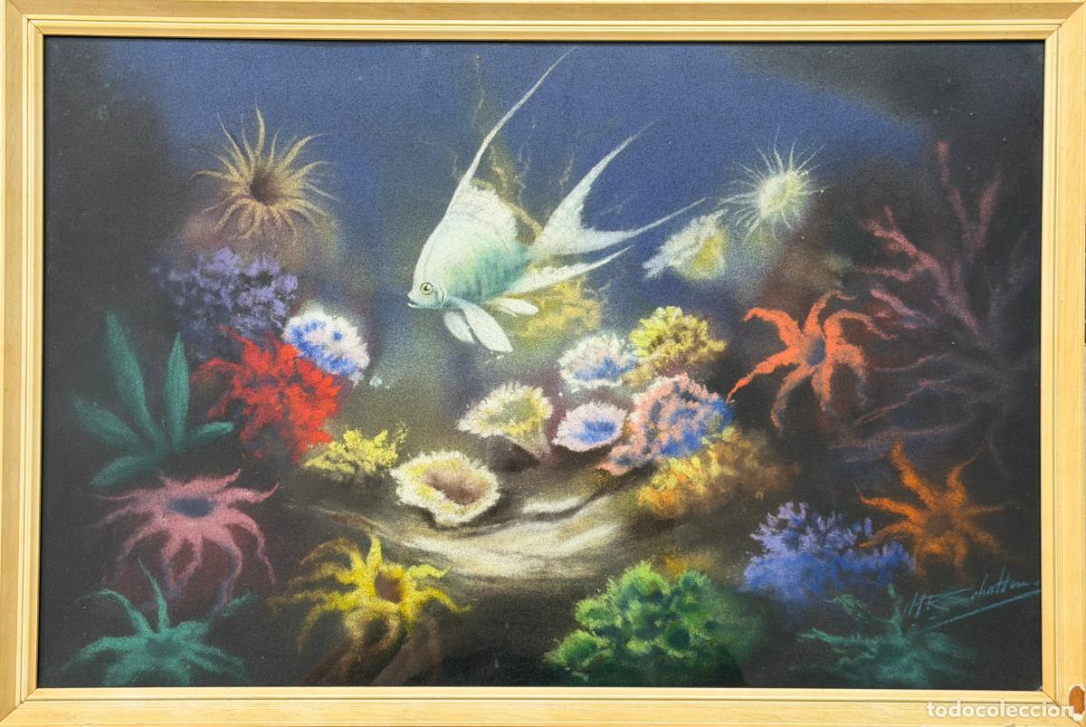 Arte: Hermanus Rijk Scholten , pintura a ceras con motivo de peces , 1930s. Holanda , R408