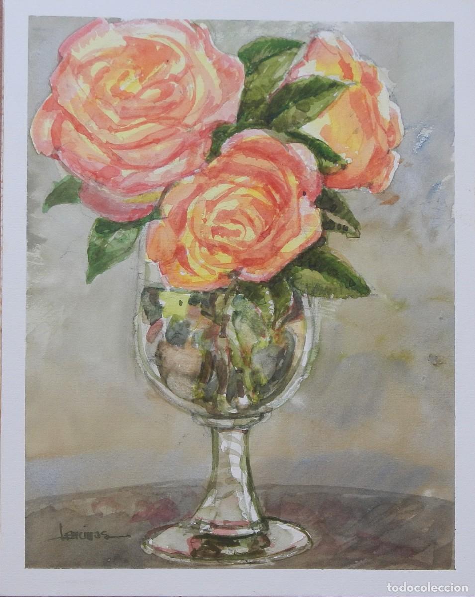 Arte: Carlos Enrique Lencinas G&oacute;mez. Acuarela sobre papel. &rdquo;Copa de cristal con rosas&rdquo;. Firmado a mano.