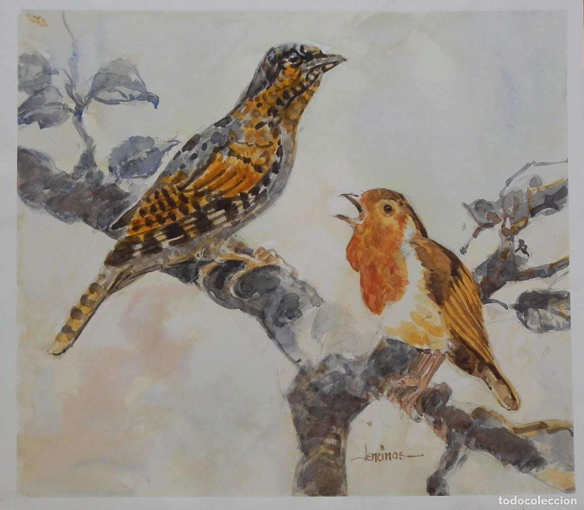 Arte: Carlos Enrique Lencinas G&oacute;mez. Acuarela sobre papel. &rdquo;P&aacute;jaros o aves en ramas&rdquo;. Firmado a mano.