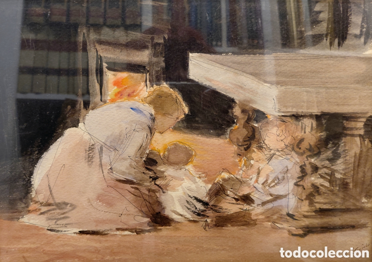 Arte: Modesto Teixidor Torres (1854-1927). &rdquo;Antonio y Manuel con el ama...&rdquo;, acuarela sobre papel.