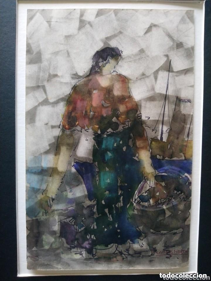 Art: MUJER CARGANDO CESTA DE PESCA. ACUARELA SOBRE PAPEL. FIRMADO CAMPOS MARTIN. SIGLO XX. TEMATICA VASCA