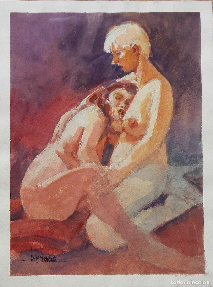 Arte: Carlos Enrique Lencinas G&oacute;mez. Acuarela sobre papel &rdquo;Dos mujeres desnudas&rdquo;. Firmado a mano.