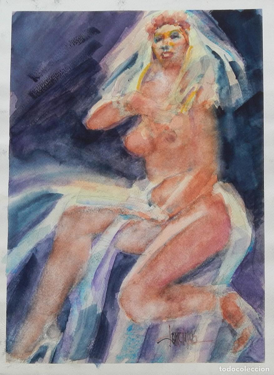 Arte: Carlos Enrique Lencinas G&oacute;mez. Acuarela sobre papel &rdquo;Desnudo femenino con velo&rdquo;. Firmado a mano.
