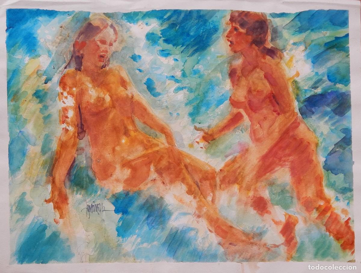 Arte: Carlos Enrique Lencinas G&oacute;mez. Acuarela sobre papel &rdquo;Desnudos femeninos en el mar&rdquo;. Firmado a mano.