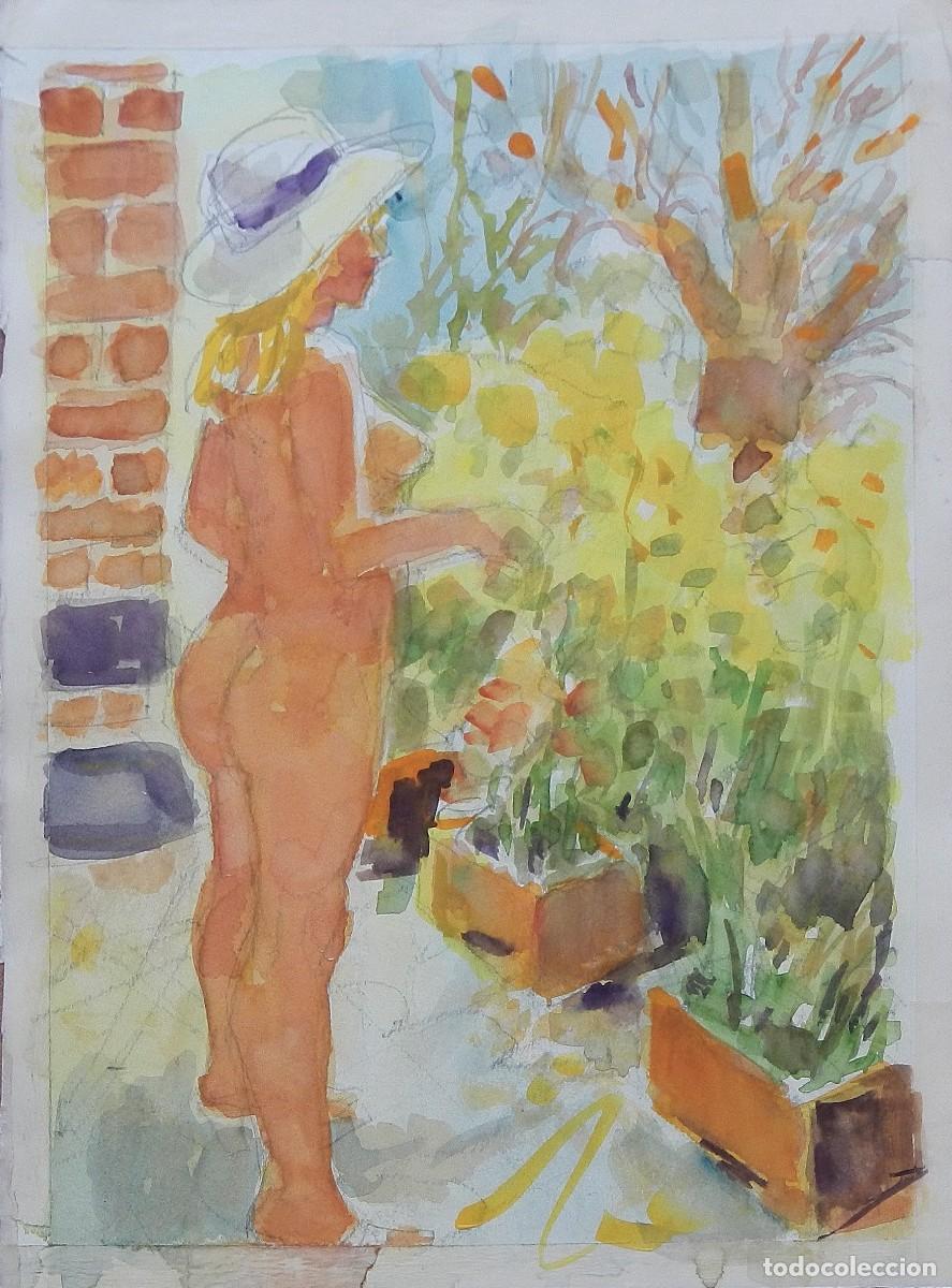 Arte: Carlos Enrique Lencinas G&oacute;mez. Acuarela sobre papel &rdquo;Desnudo femenino y tiestos flores&rdquo;. Sin firmar.