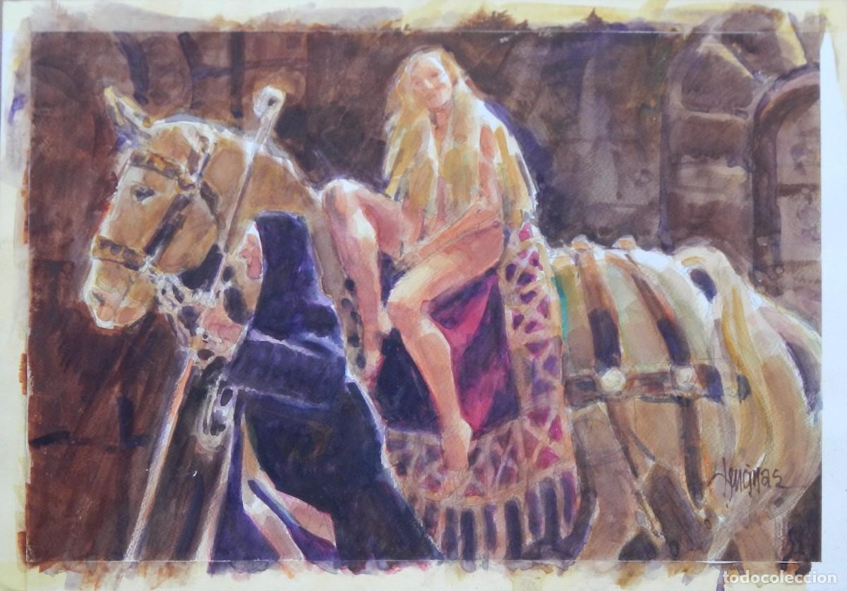 Arte: Carlos Enrique Lencinas G&oacute;mez. Acuarela sobre papel &rdquo;Desnudo femenino a caballo&rdquo;. Firmado a mano.