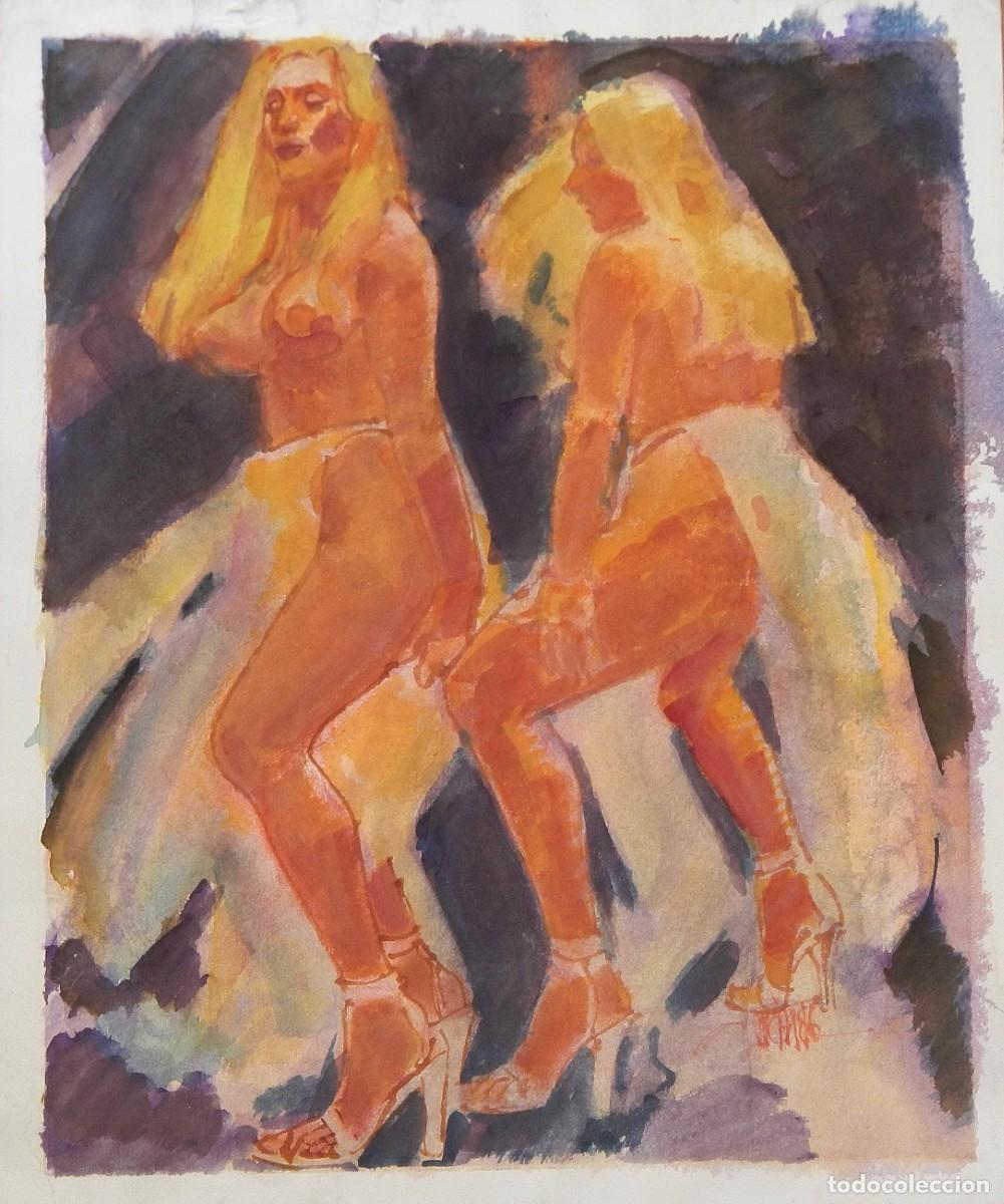 Arte: Carlos Enrique Lencinas G&oacute;mez. Acuarela sobre papel &rdquo;Desnudos femeninos con velo&rdquo;. Firmado a mano.