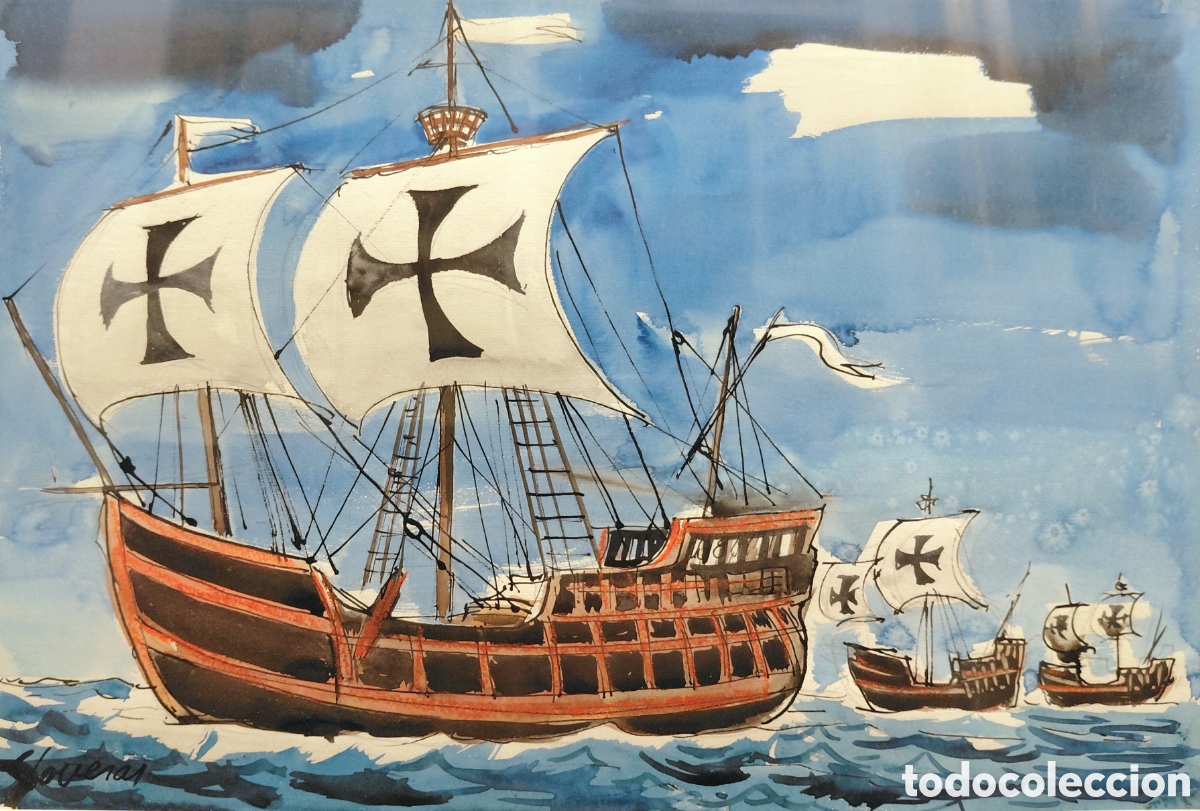 Arte: Frederic Lloveras (1912-1983). Ilustraci&oacute;n de carabelas, acuarela sobre papel.