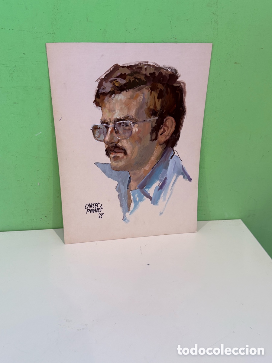 Arte: Carles Prun&eacute;s (1937-2017) &Oacute;leo sobre papel &ndash; Estudio de retrato masculino con gafas firmado .
