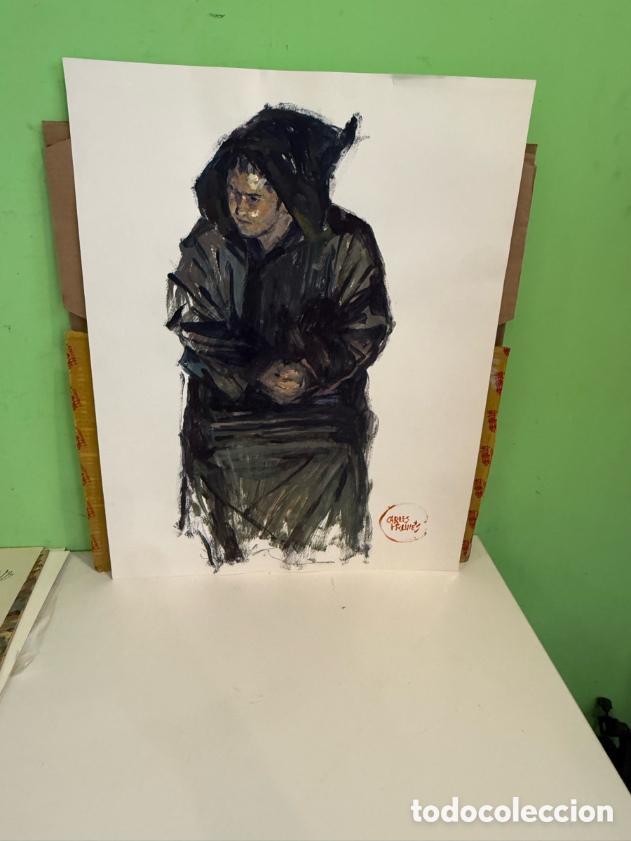 Arte: Carles Prun&eacute;s (1937-2017) &Oacute;leo sobre papel &ndash; Figura encapuchada firmada (50 x 65 cm)