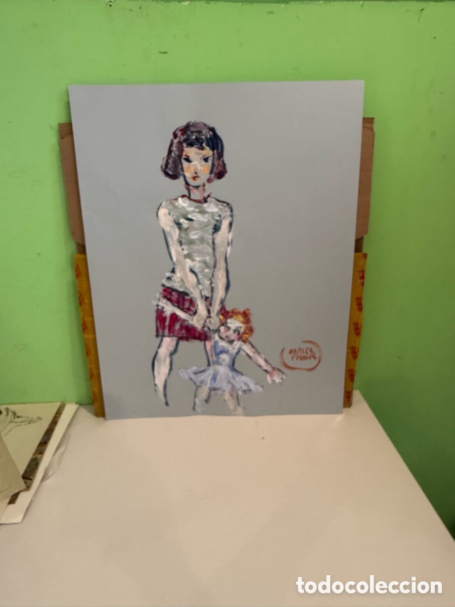 Arte: Carles Prun&eacute;s (1937-2017) &ndash; &Oacute;leo sobre papel. Figura femenina con ni&ntilde;a (70 x 50 cm)