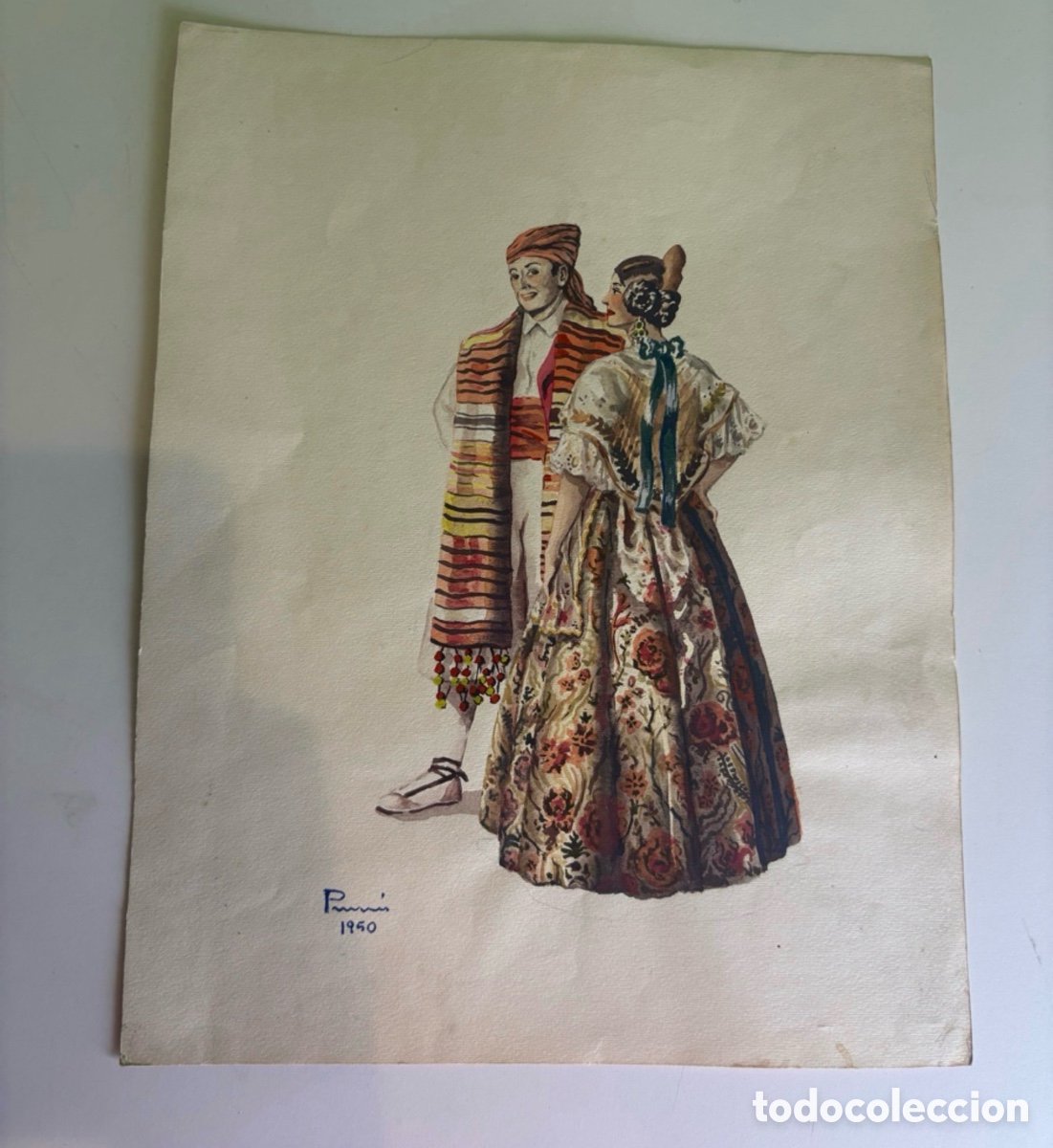 Arte: Carles Prun&eacute;s (1937-2017) Acuarela original firmada y fechada 1950 &ndash; Pareja con trajes regionales