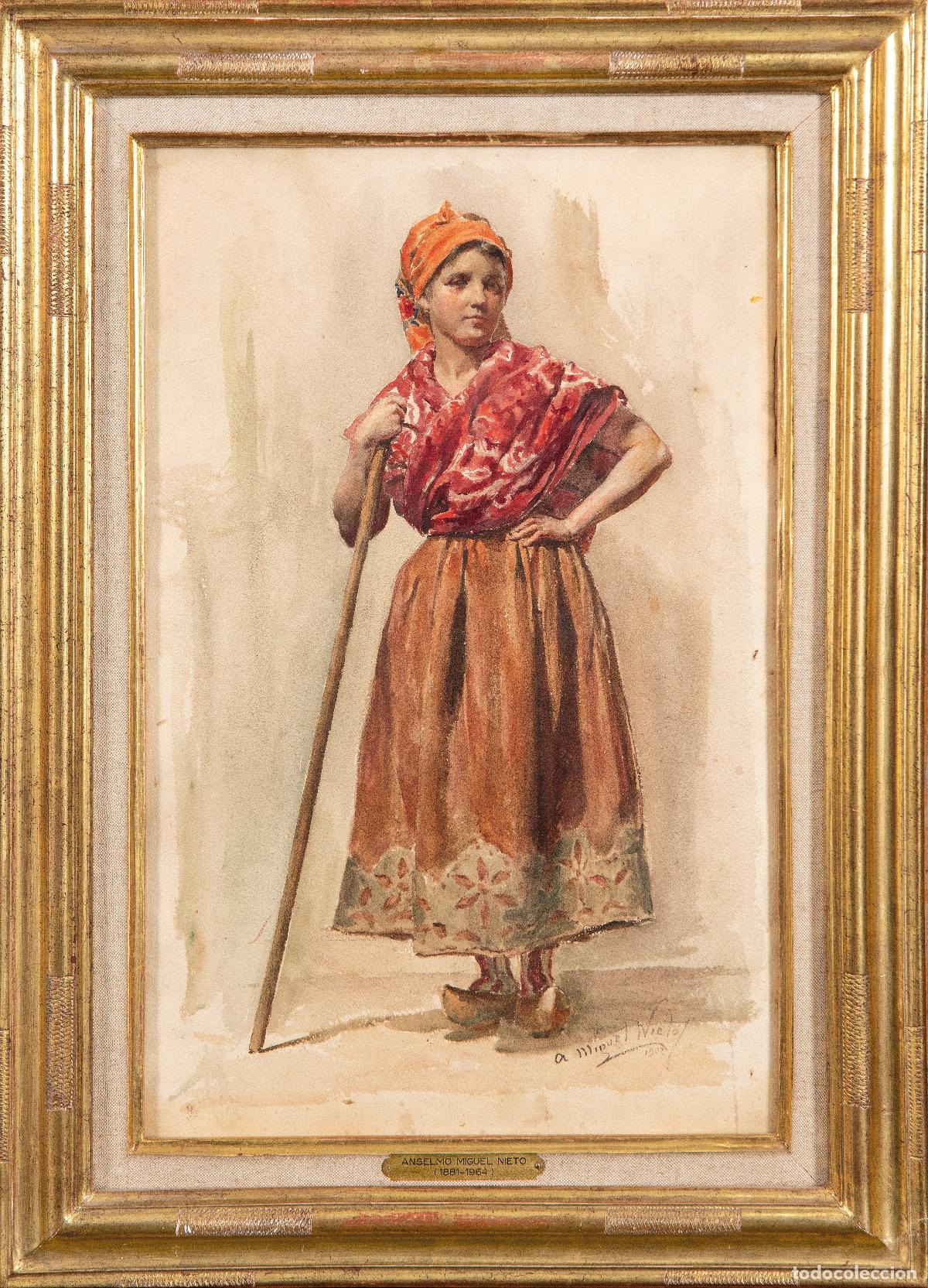 Arte: Campesina asturiana acuarela sobre papel Anselmo Miguel Nieto firmada y fechada en 1902
