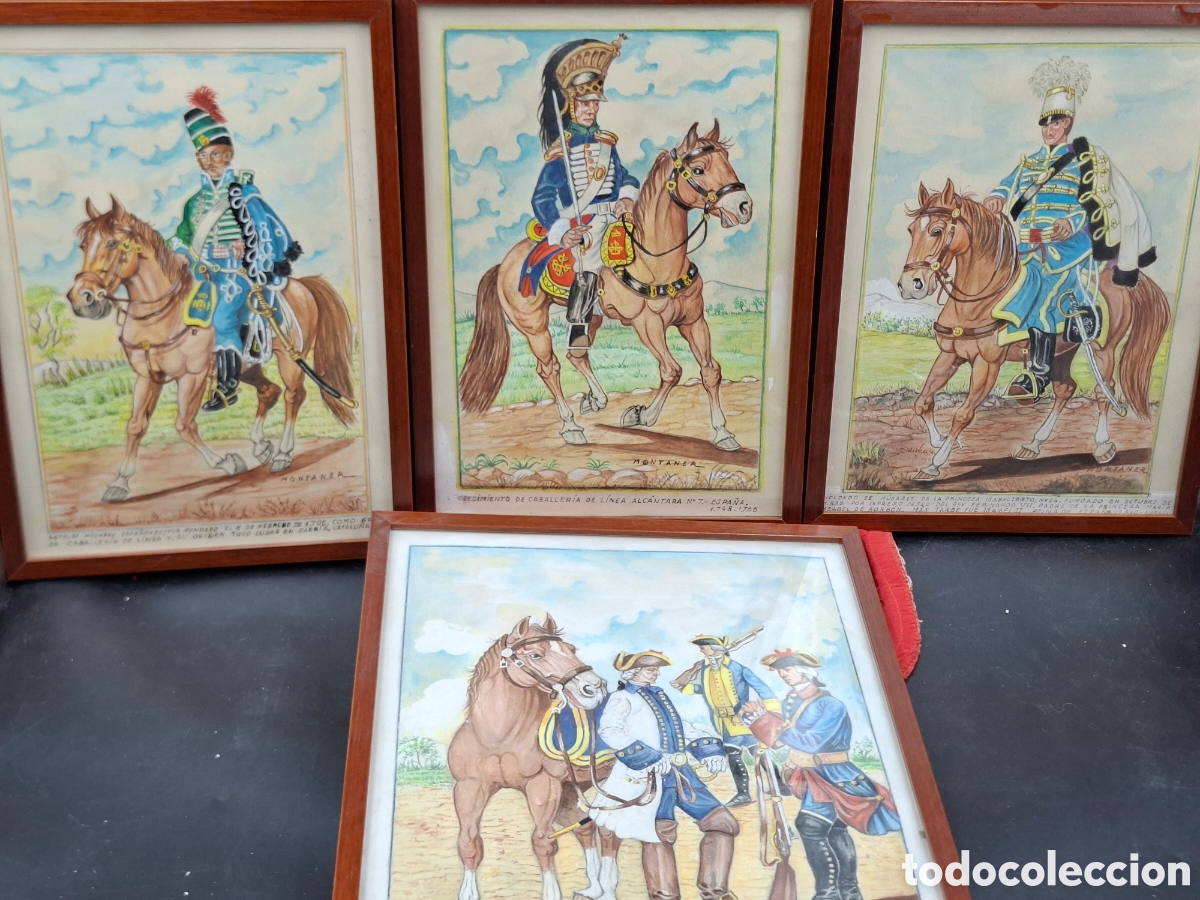 Arte: originales de tem&aacute;tica militar. Caballer&iacute;a espa&ntilde;ola. Firmados Montaner. Acuarela sobre papel.