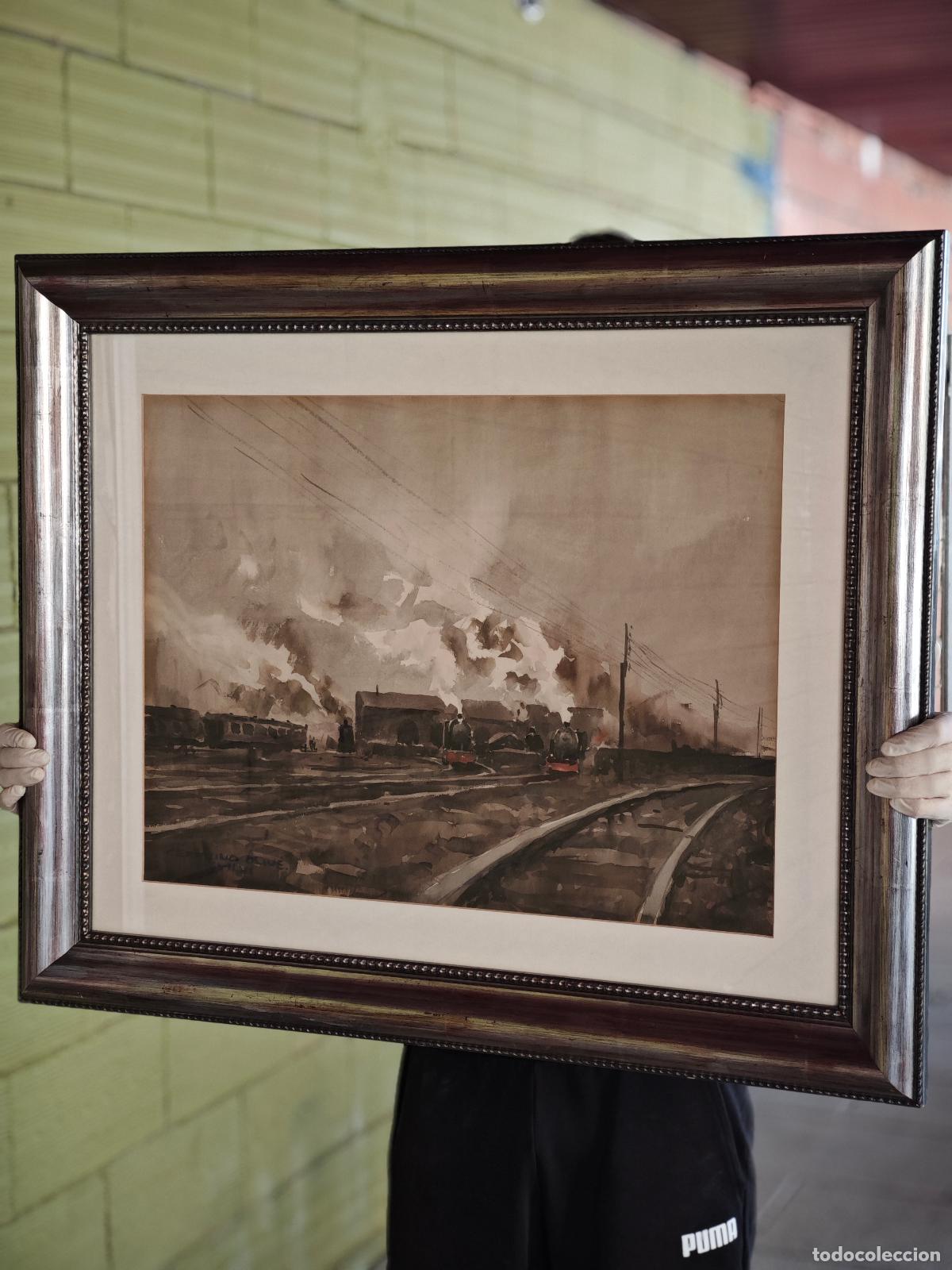 Arte: Ceferino Olive acuarela 84 x 70 tema ferroviario enmarcado